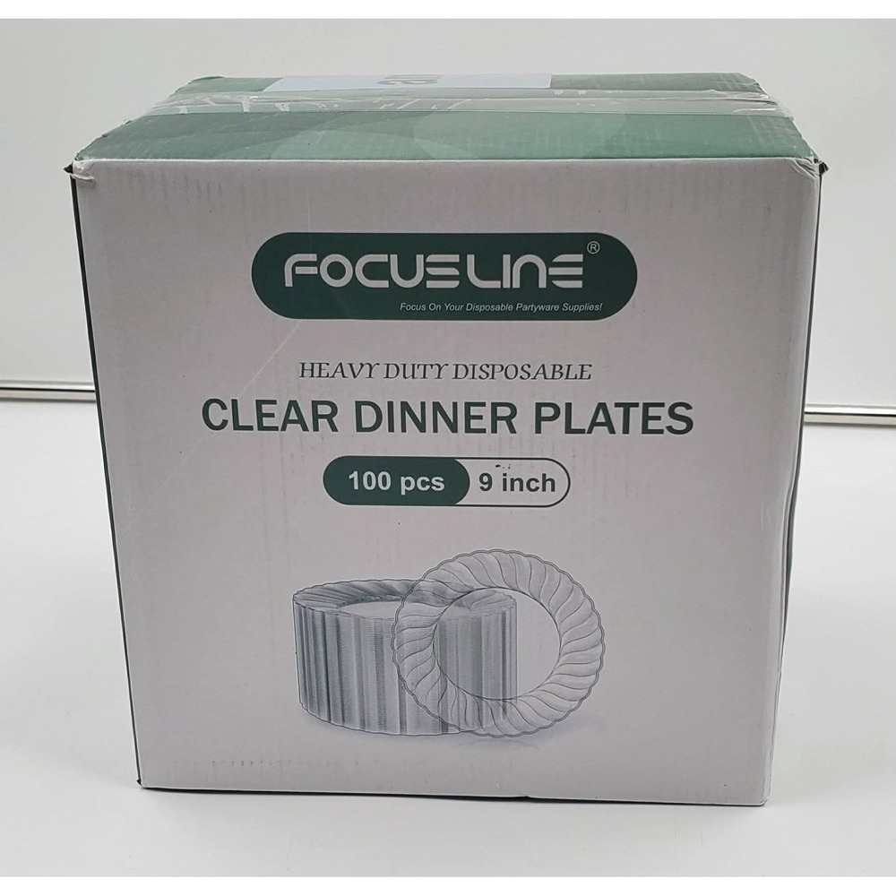 FOCUSLINE 100 Count Clear Plastic Plates 9 Inch, Disposable Heavy Duty Dinner...